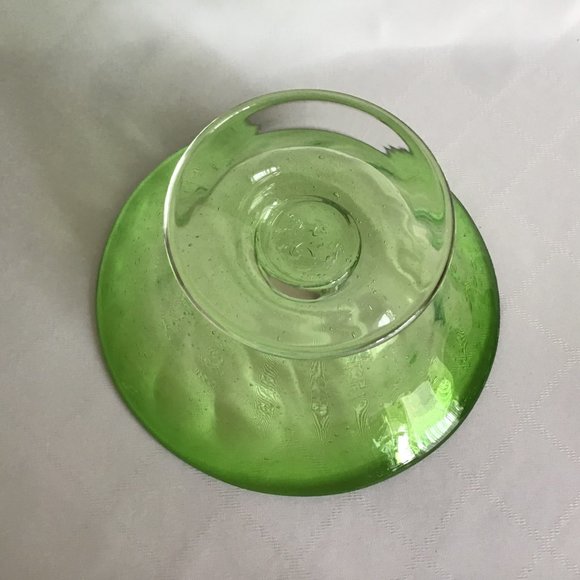 Hand Blown Art Glass Bubble Green glass Pedestal Bowl - Picture 9 of 9